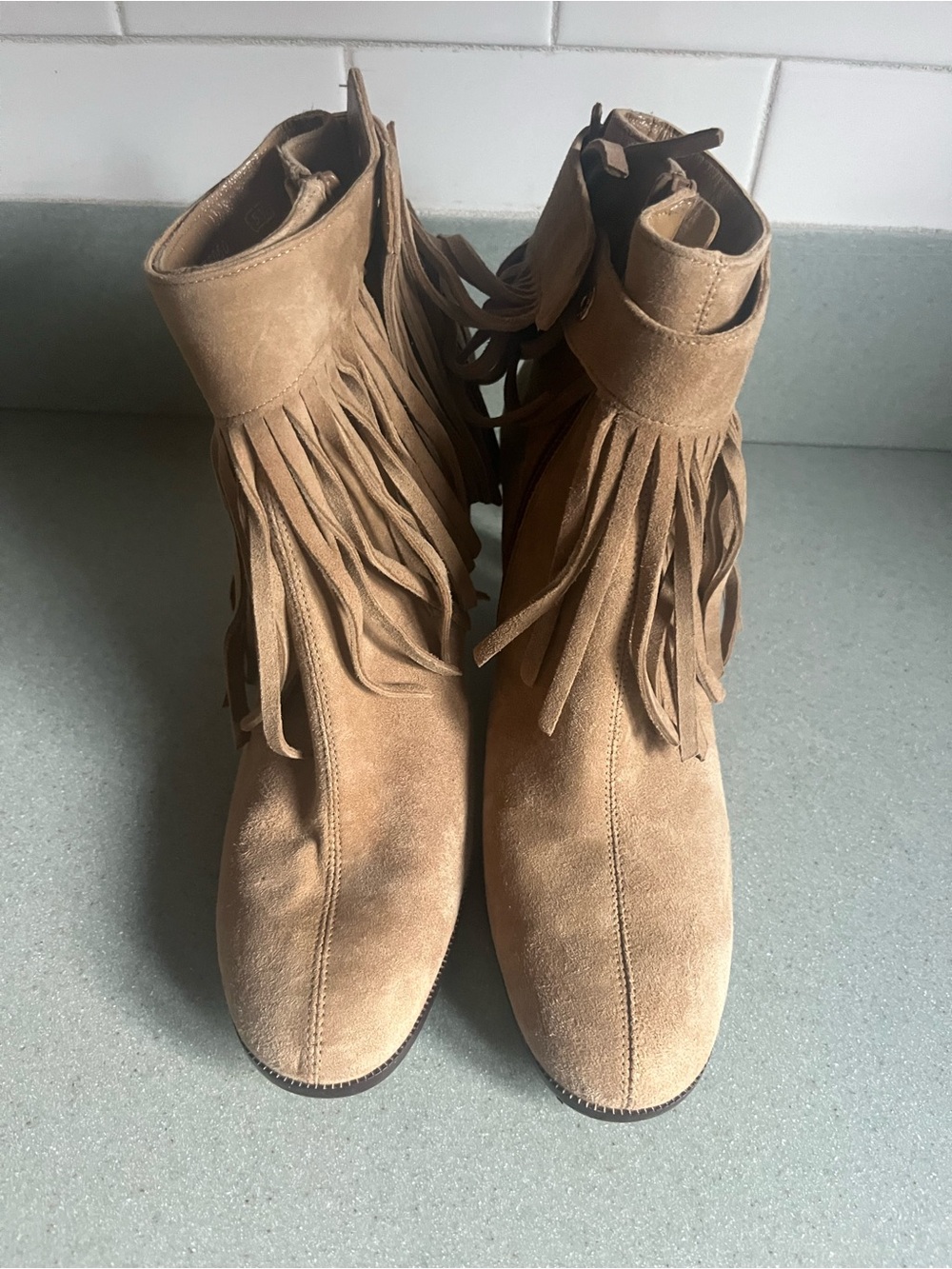 Charles Jourdan Tan Suede Fringe Ankle Booties Sz 5.5 M